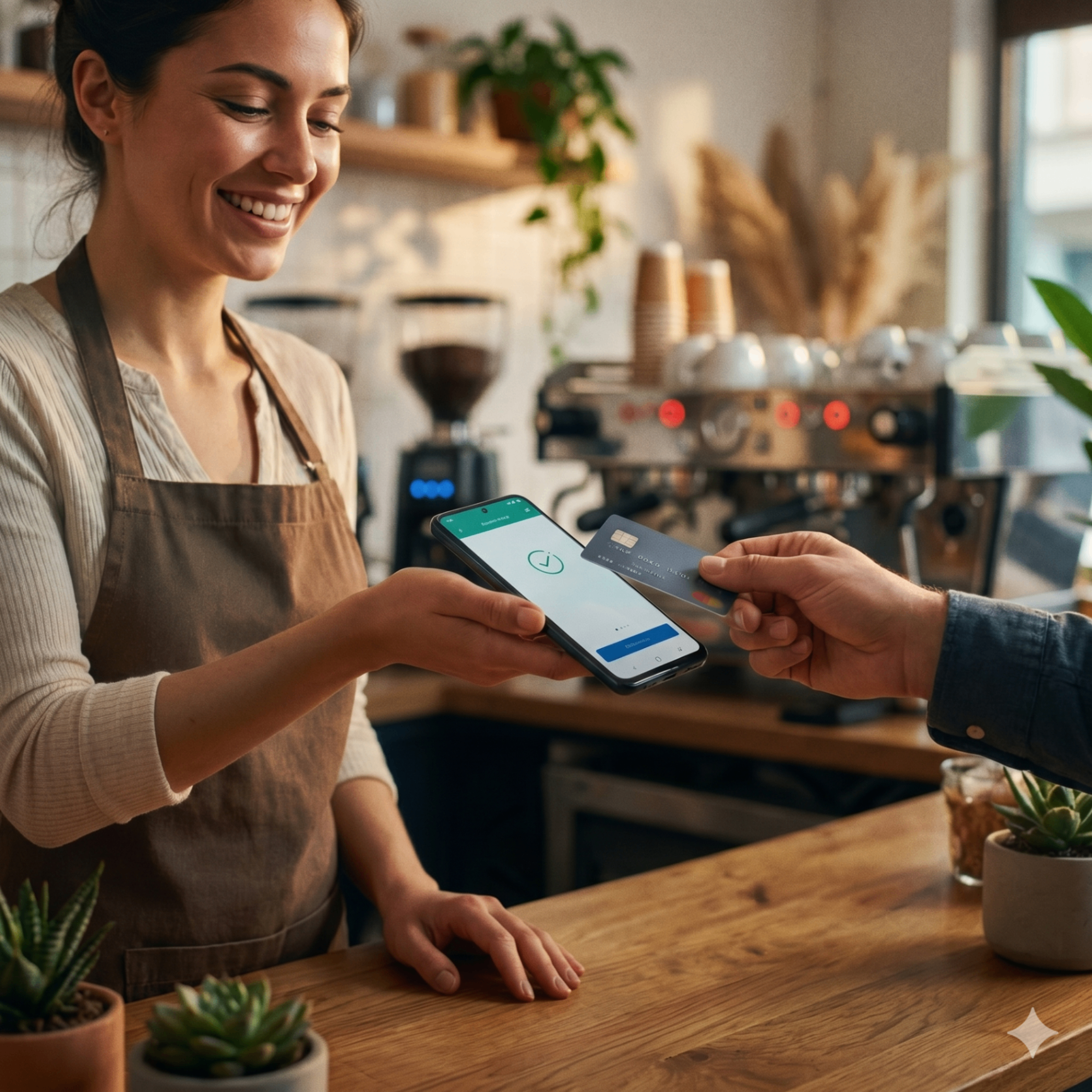 Comerciante uruguaya cobrando con su celular Android